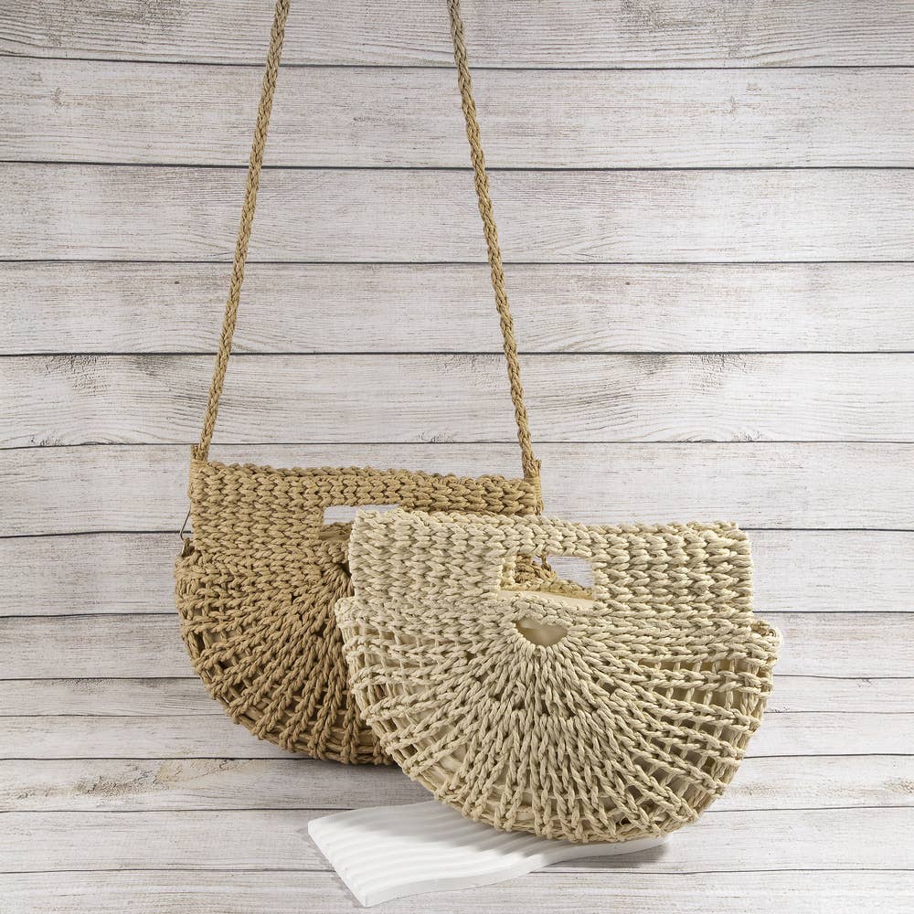 Open Weave Paper Straw Half Moon Hobo Bag
