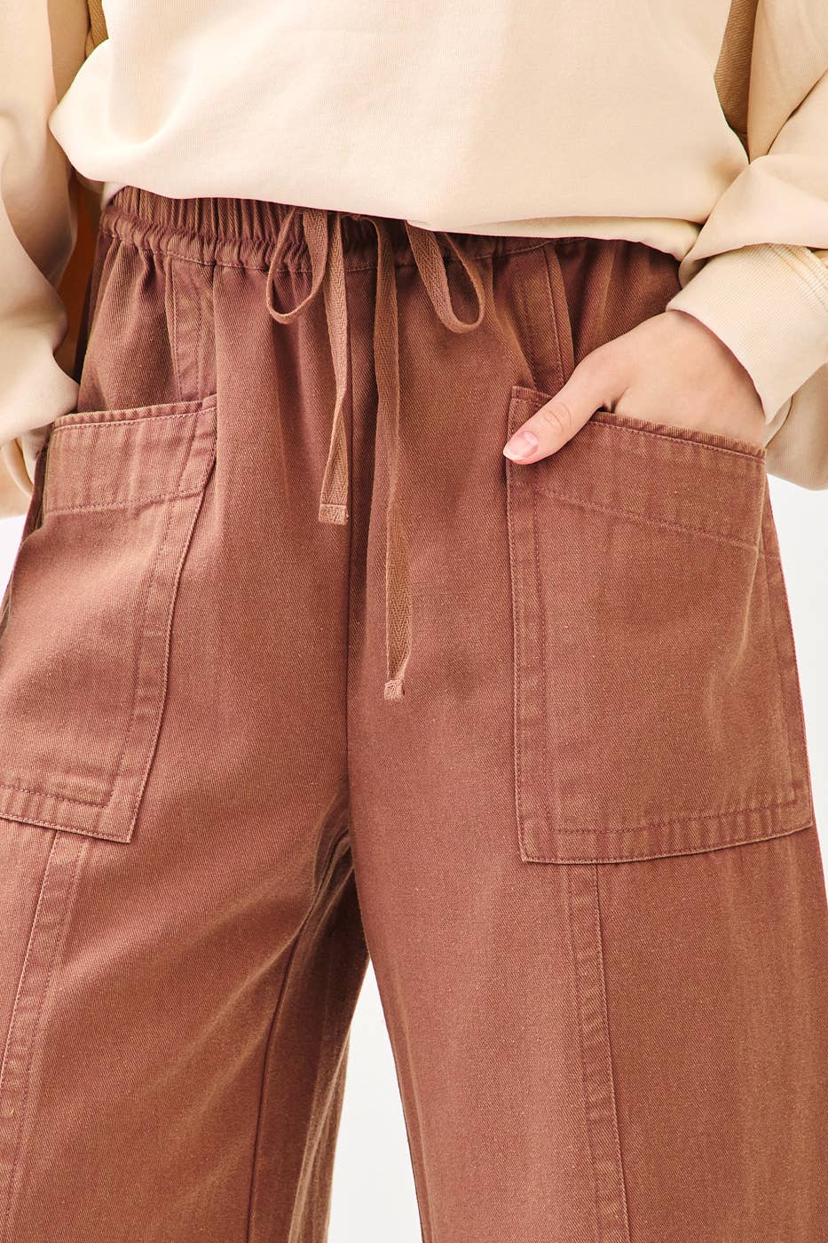 MINERAL WASH WIDE LEG ELASTIC WAIST TWILL PANTS