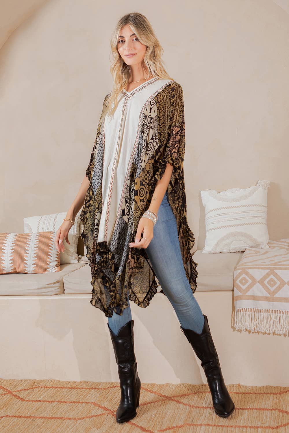 Natural Bohemian Embroidered Colorblocked Shrug