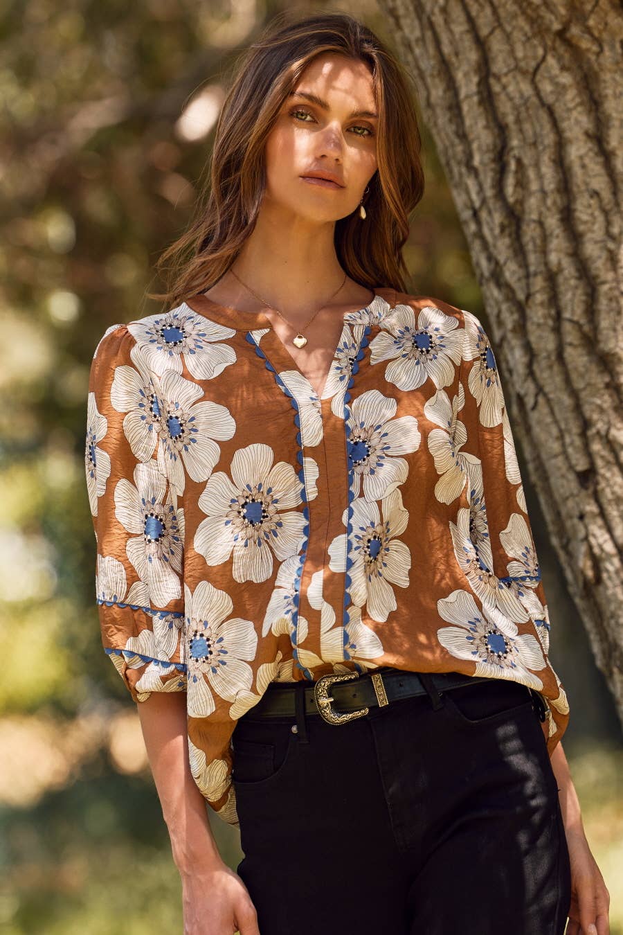 Floral Printed 3/4 Sleeve Blouse - Plus