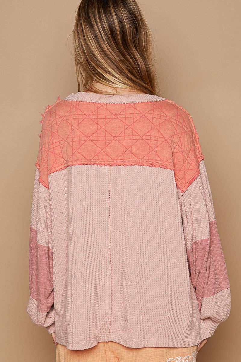 Round neck balloon sleeve thermal contrast knit top