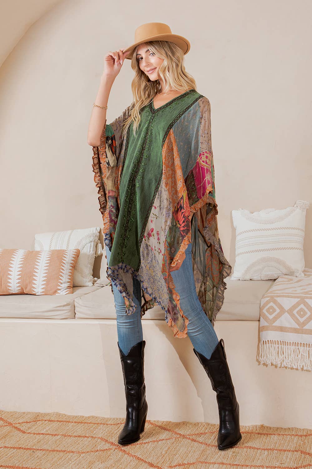 Natural Bohemian Embroidered Colorblocked Shrug