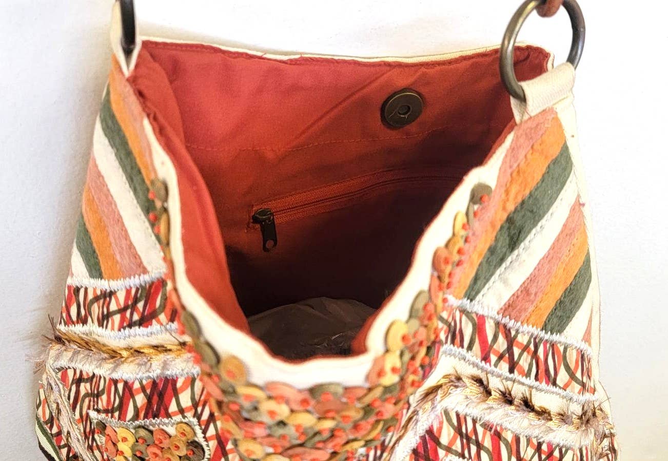 Cotton Embroidered Wood Bead Hobo Bag