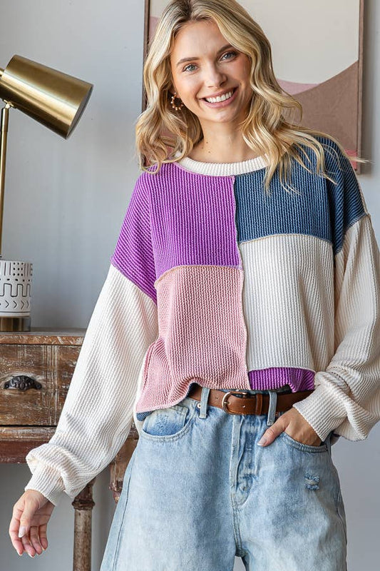 Patchwork Detail Rib Knit Top for Women