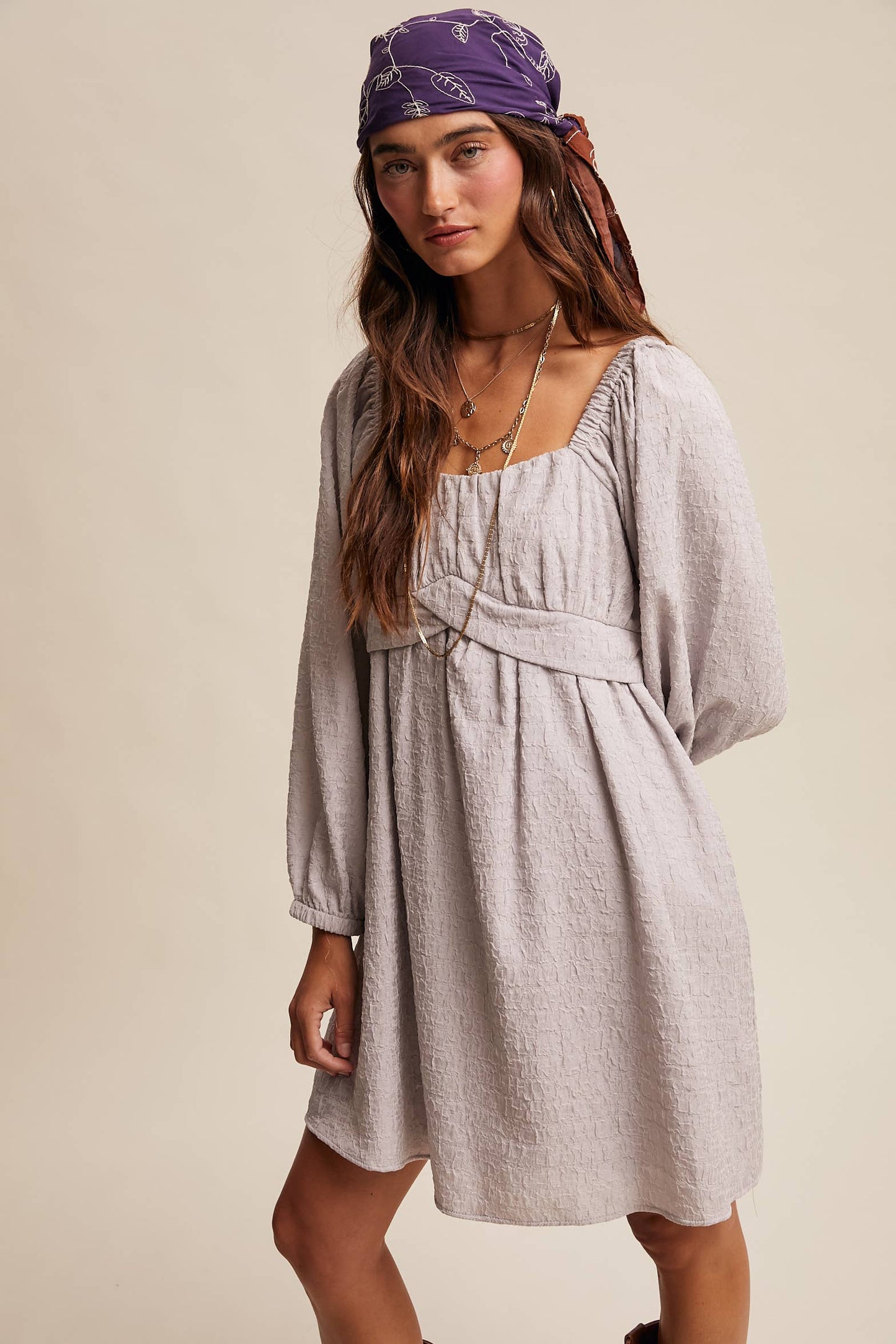 Textured Square Neck Babydoll Mini Dress