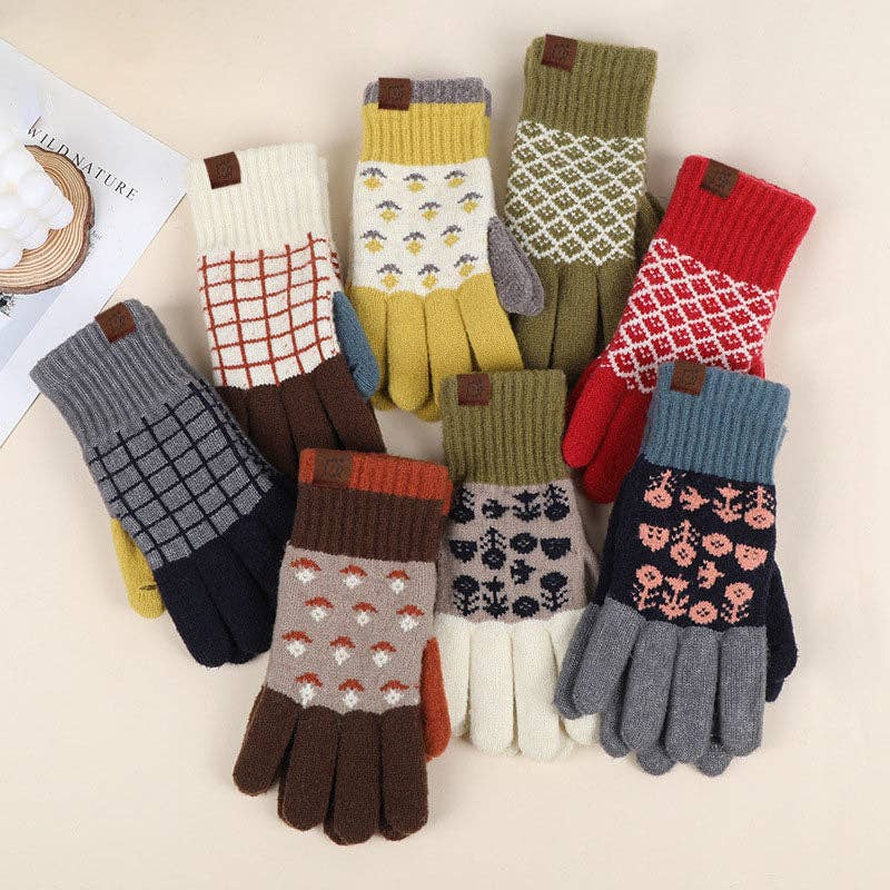 Vintage Jacquard Touch Screen Thicken Warm Gloves