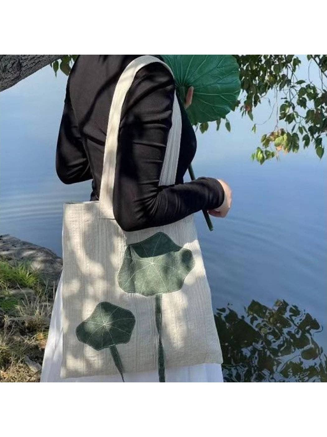 Lotus Leaf Applique Vertical Tote Bag