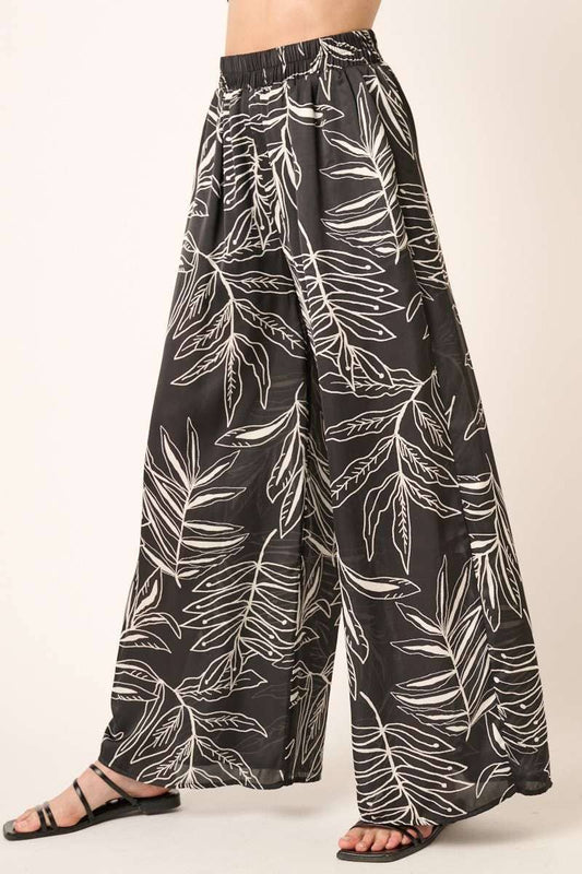 LEAF PRINT SATIN WIDE LEG PANTS
