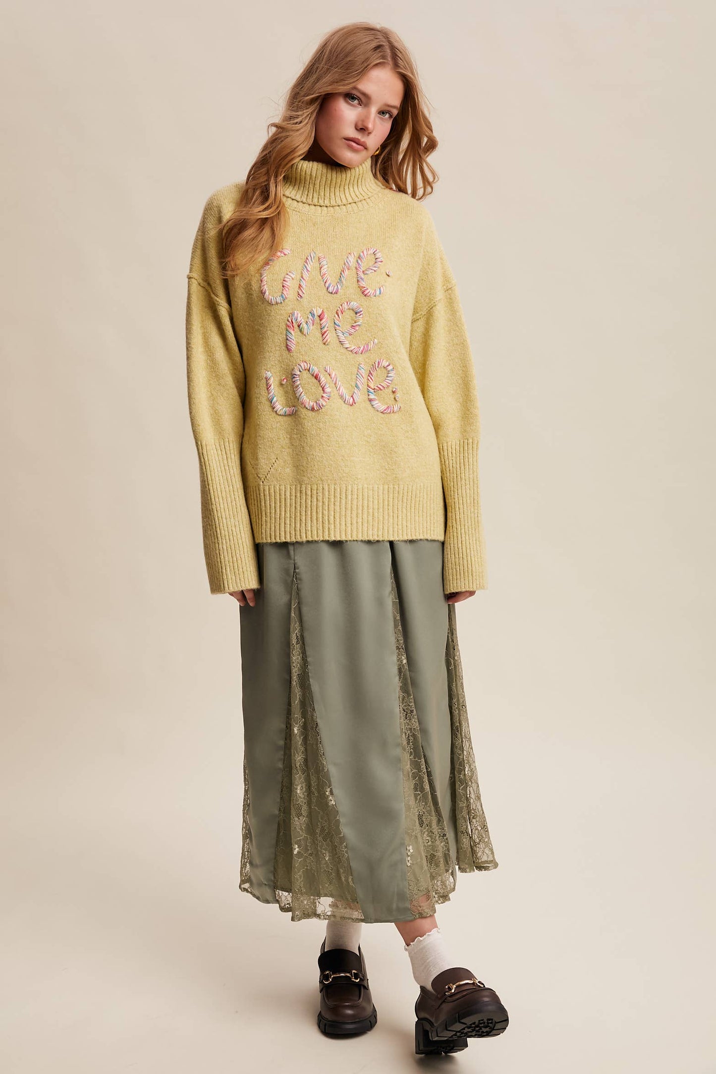 Give Me Love Embroidered Turtleneck Sweater