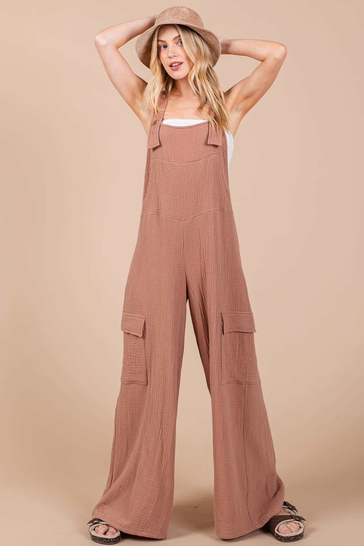 Solid Textured Wide Leg Jumpsuit