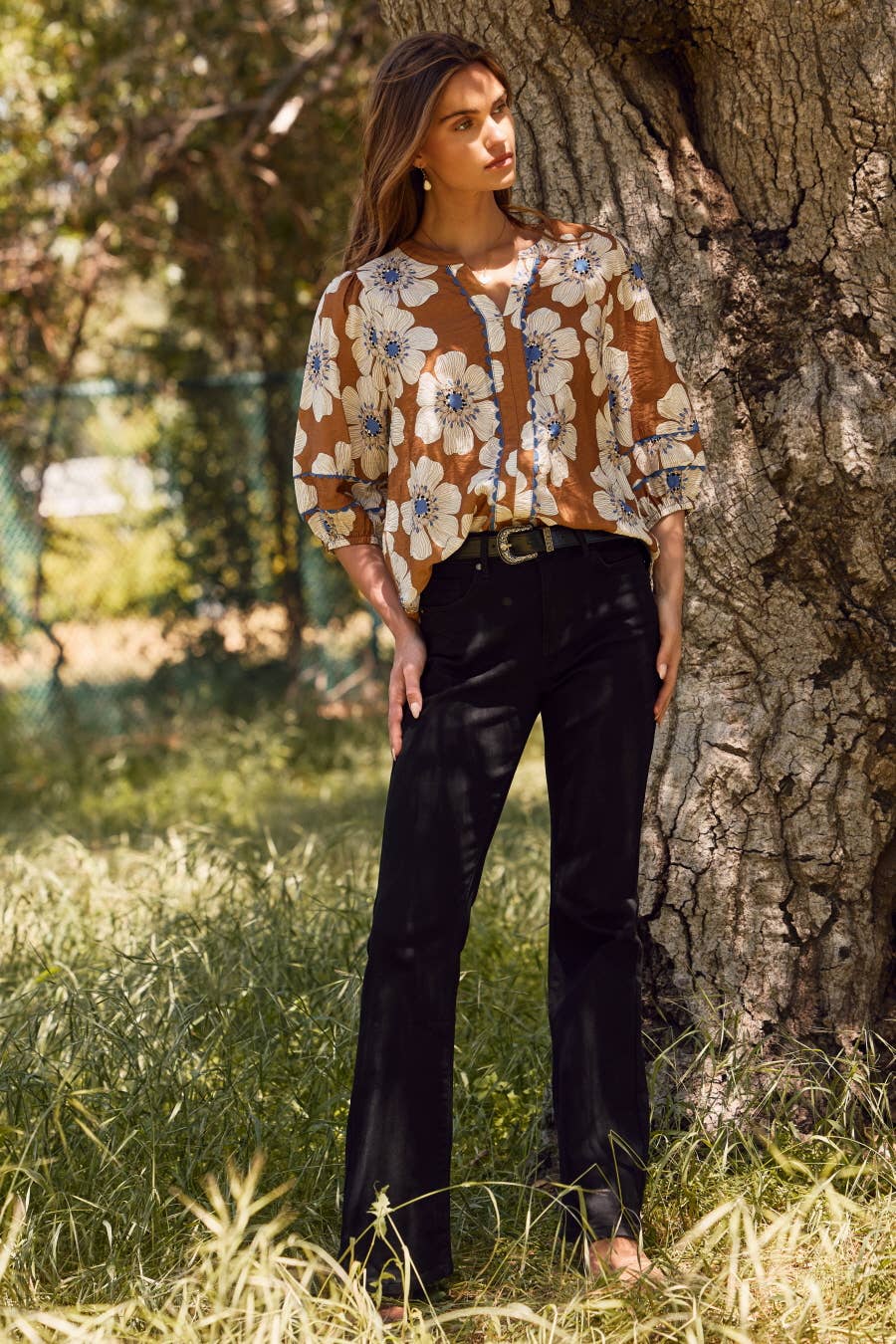 Floral Printed 3/4 Sleeve Blouse - Plus