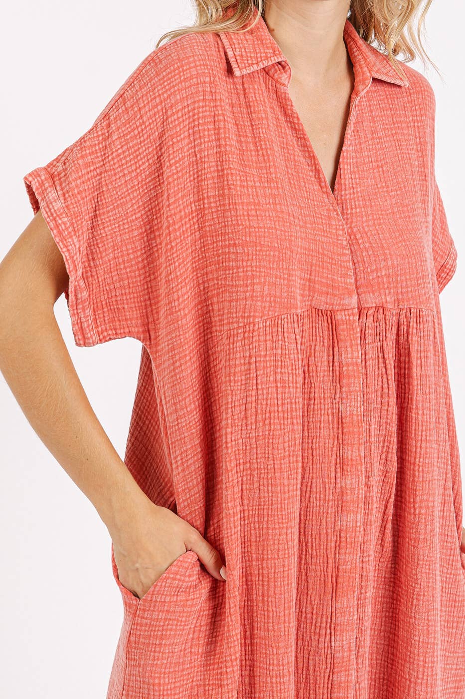 MINERAL WASH V NECK BUTTON UP RELAXED MIDI DRESS