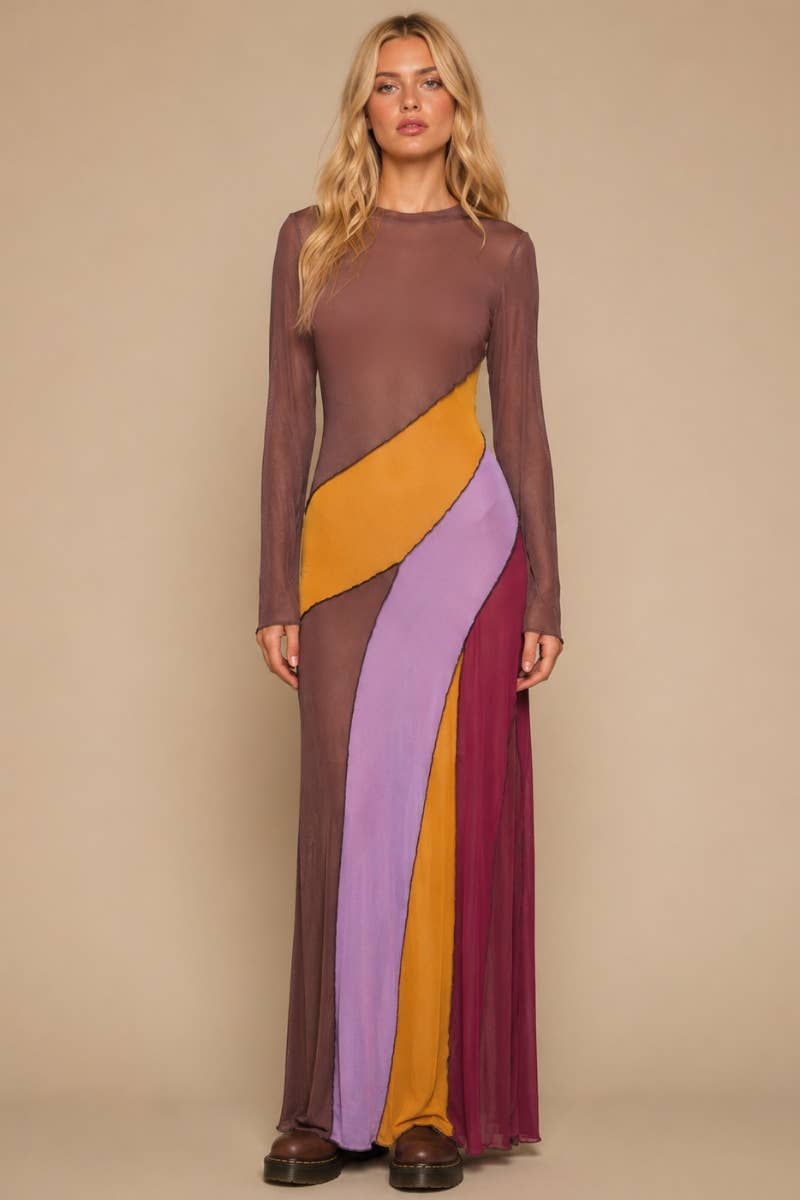 The Sunset Mesh Patchwork Maxi Dress