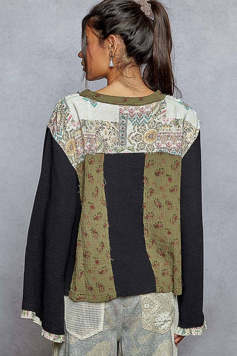Long sleeve double gauze printed woven contrast top