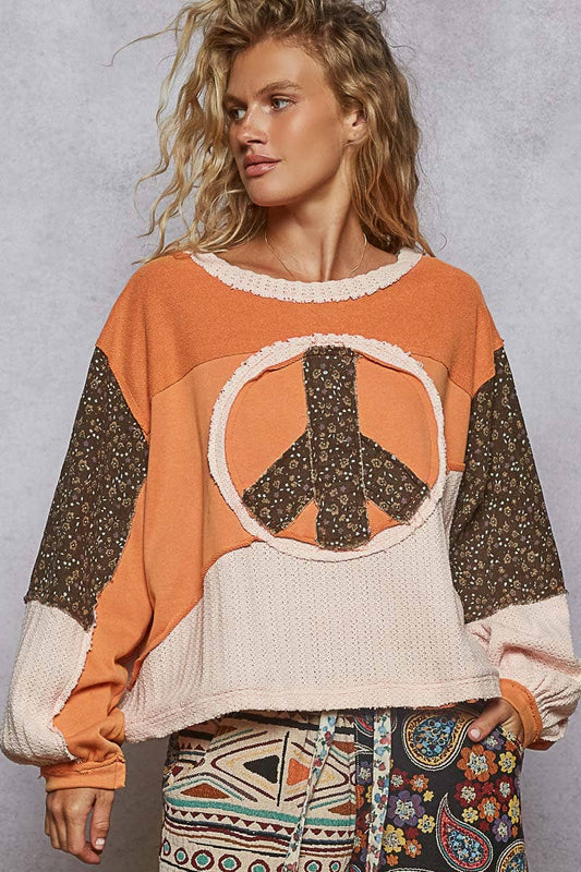 Round neck long sleeve cut sew peace emblem knit top