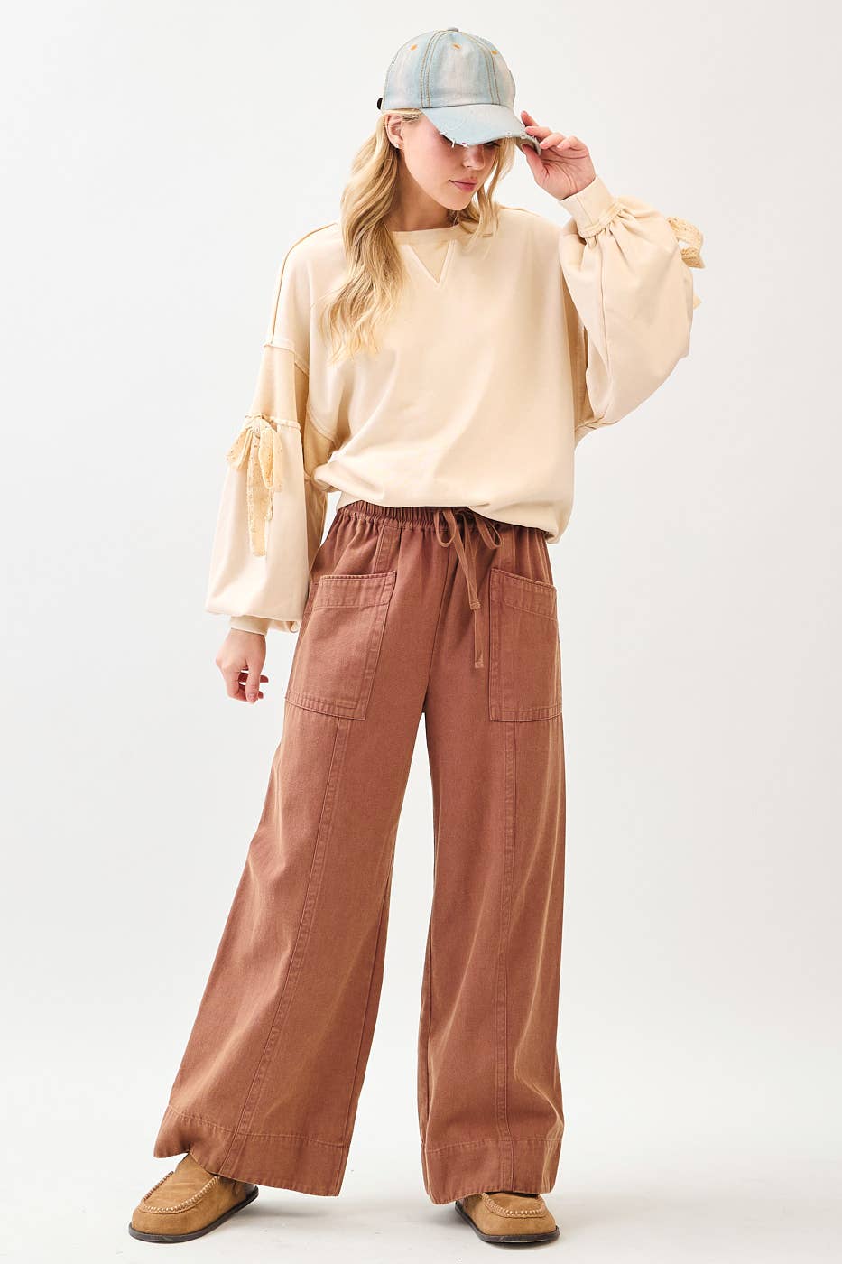 MINERAL WASH WIDE LEG ELASTIC WAIST TWILL PANTS
