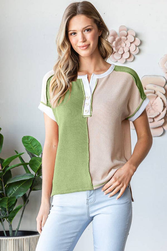 Ribbed Color Block Button Front Hi Low Short Sleeve