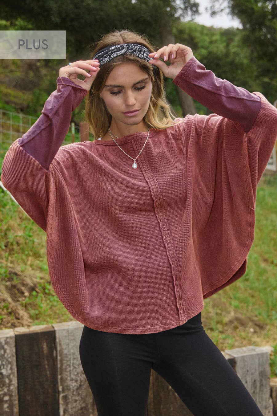 Acid Washed Thermal Batwing Pullover - Plus
