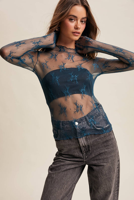 Sheer Lace Long-Sleeve Top