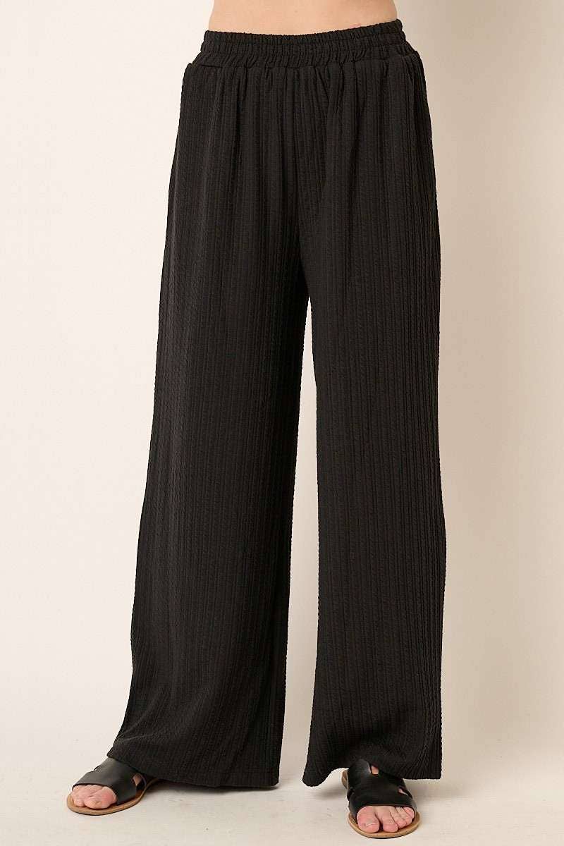TEXTURE KNIT ELASTIC WAIST WIDE LEG PANTS
