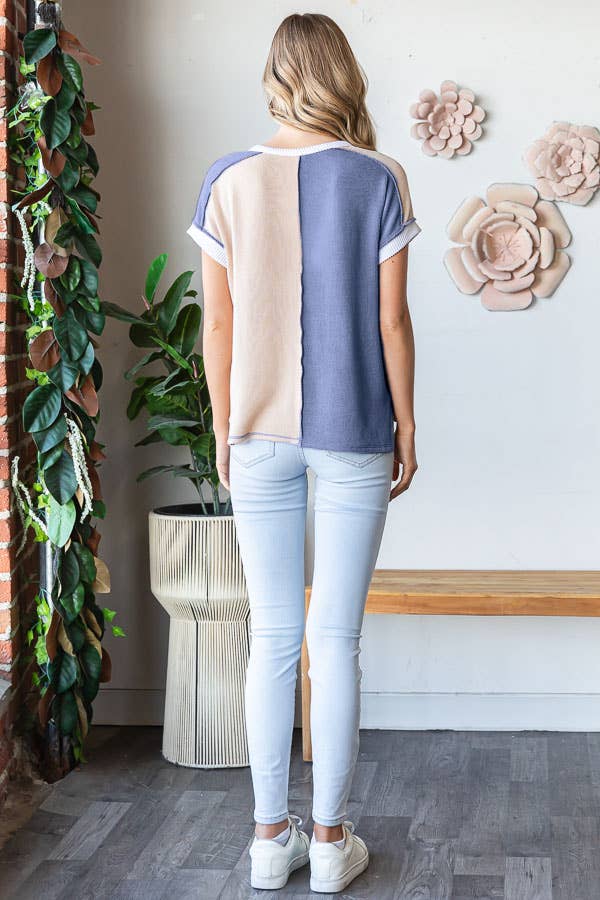 Ribbed Color Block Button Front Hi Low Short Sleeve