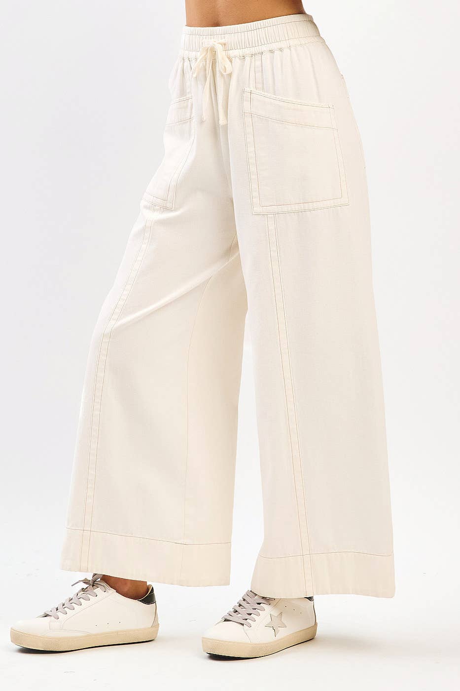 MINERAL WASH WIDE LEG ELASTIC WAIST TWILL PANTS