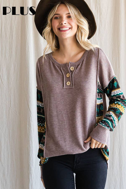 Color Block Button Front Long Sleeve Top