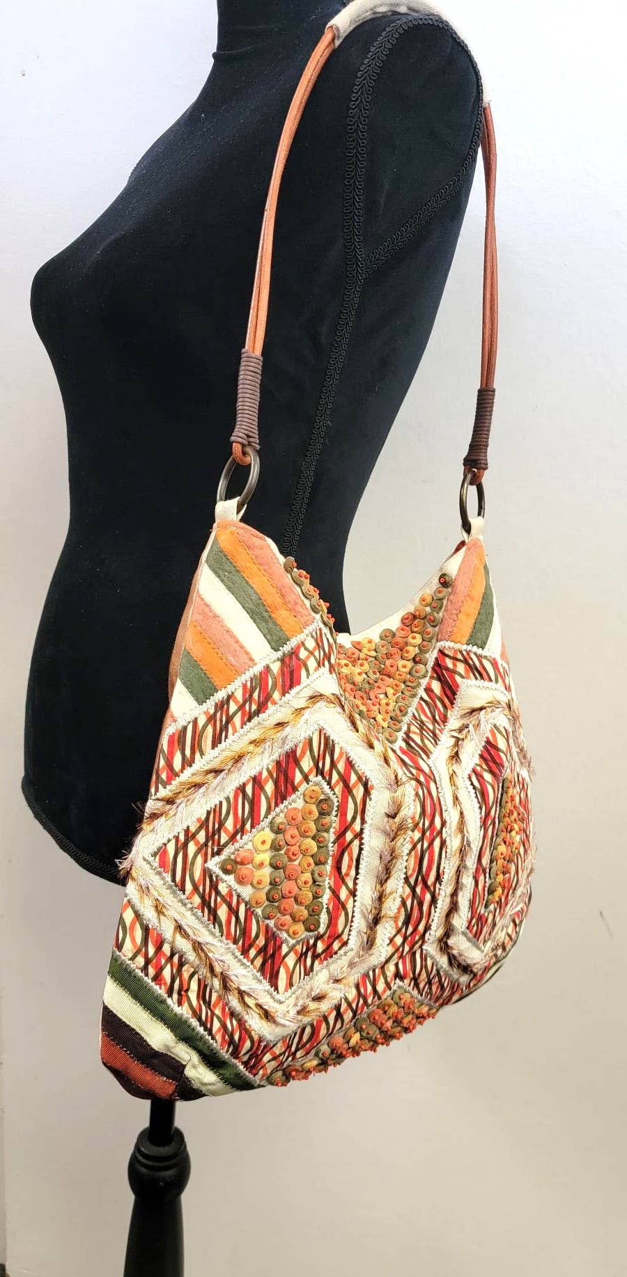 Cotton Embroidered Wood Bead Hobo Bag