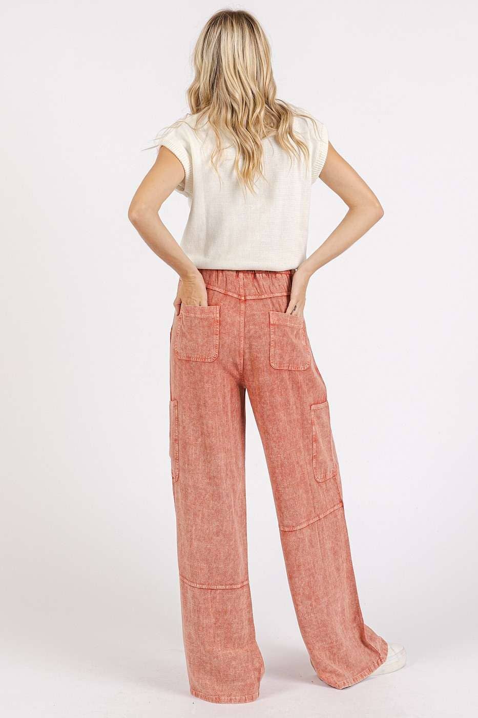 MINERAL WASH ELASTIC WAIST UTILITY POCKET PANTS
