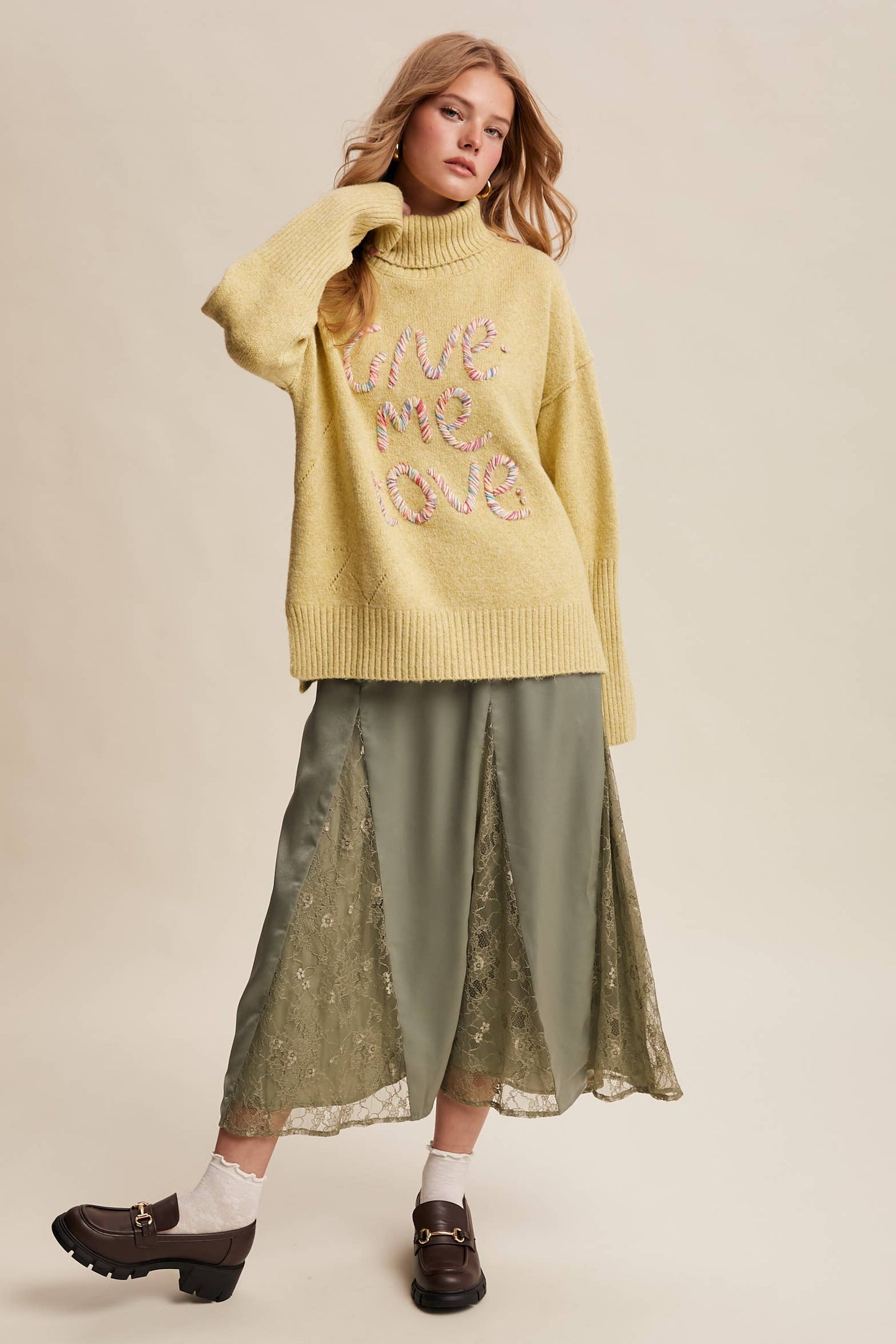 Give Me Love Embroidered Turtleneck Sweater