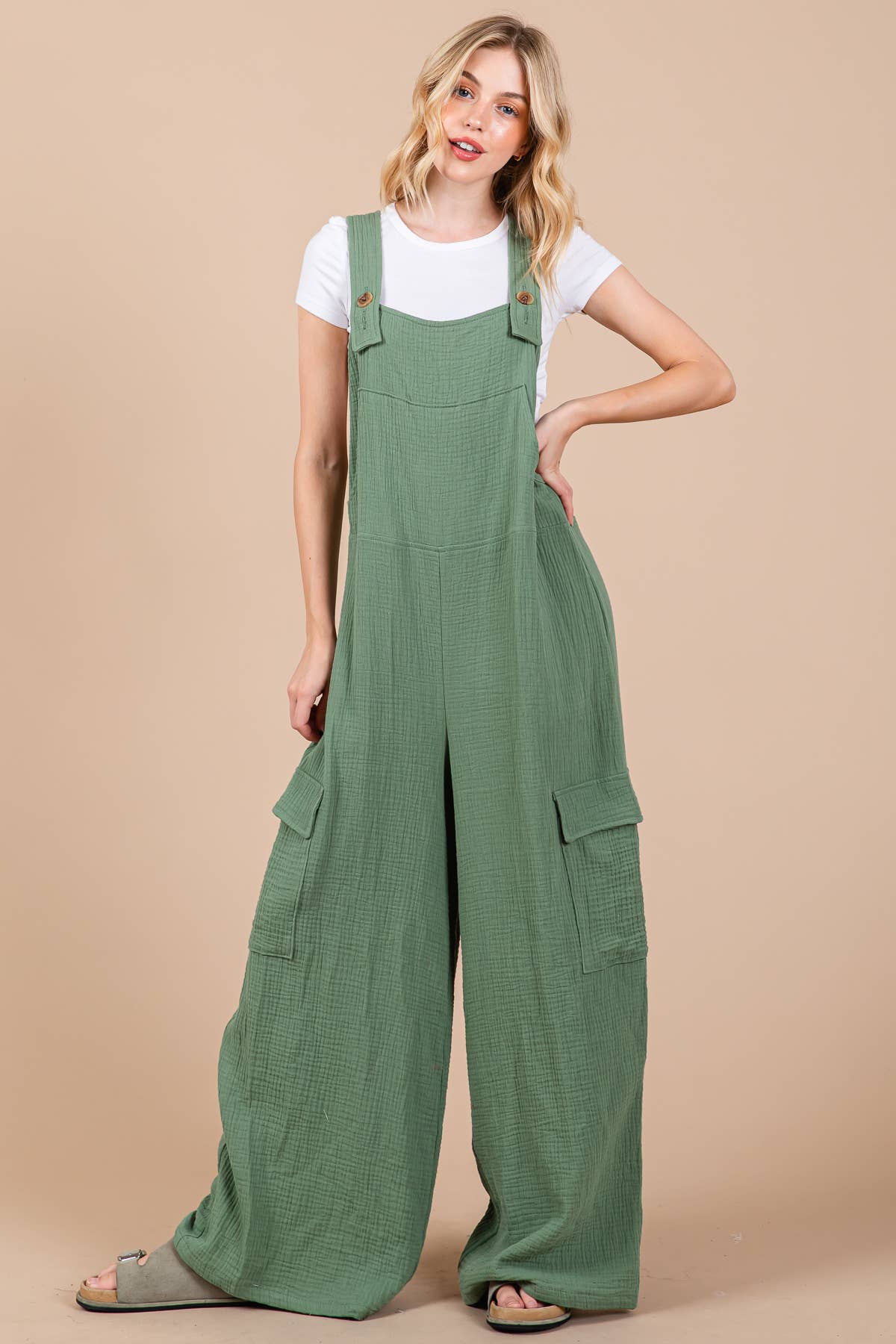 Solid Textured Wide Leg Jumpsuit