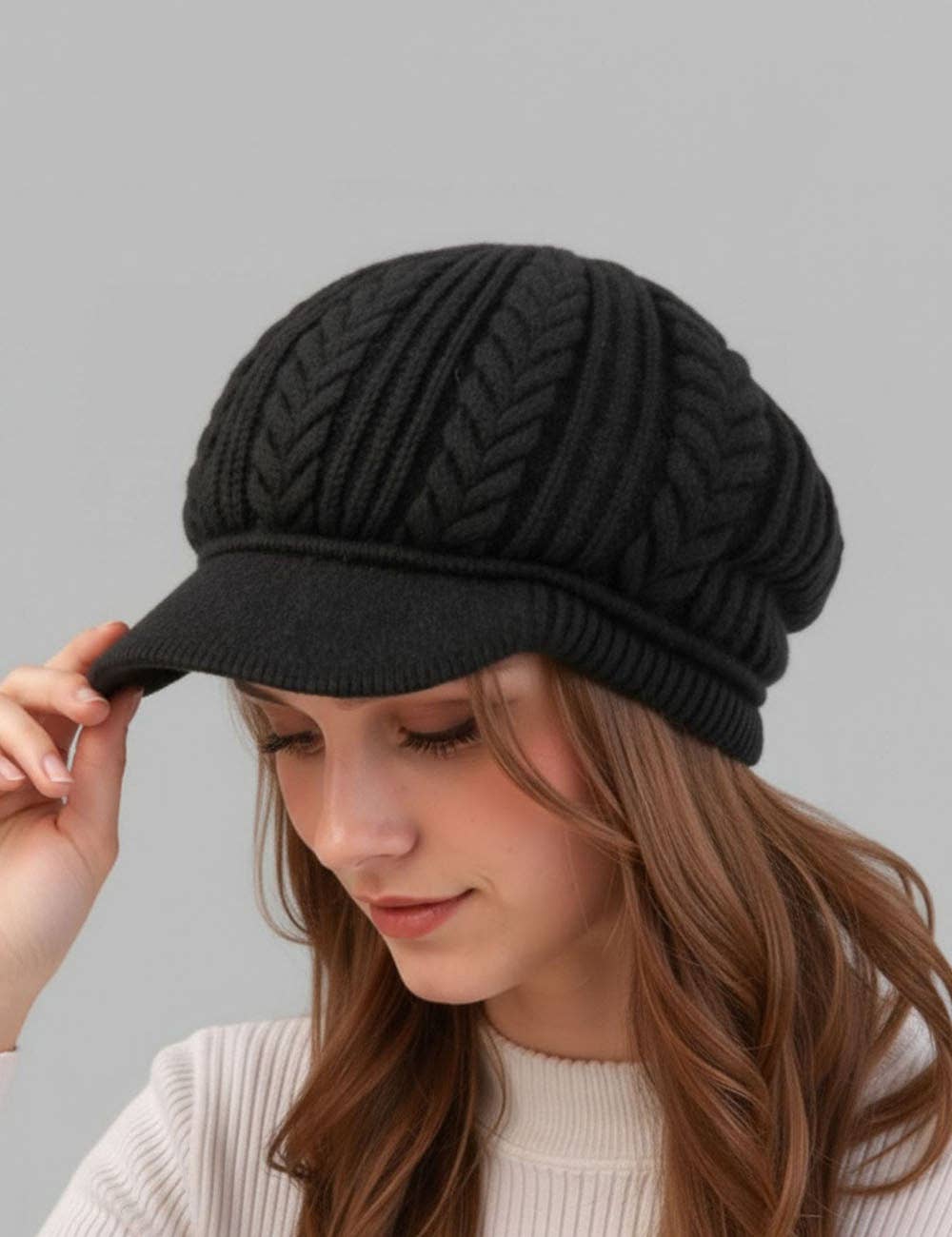 Casual Cable Knit Fleece-Lined Warm Beanie Hat