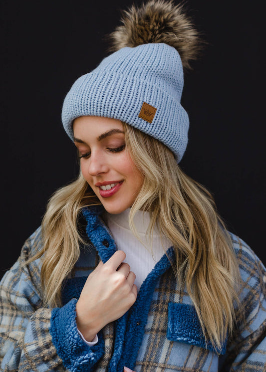 Light Blue Cable Knit Pom Hat