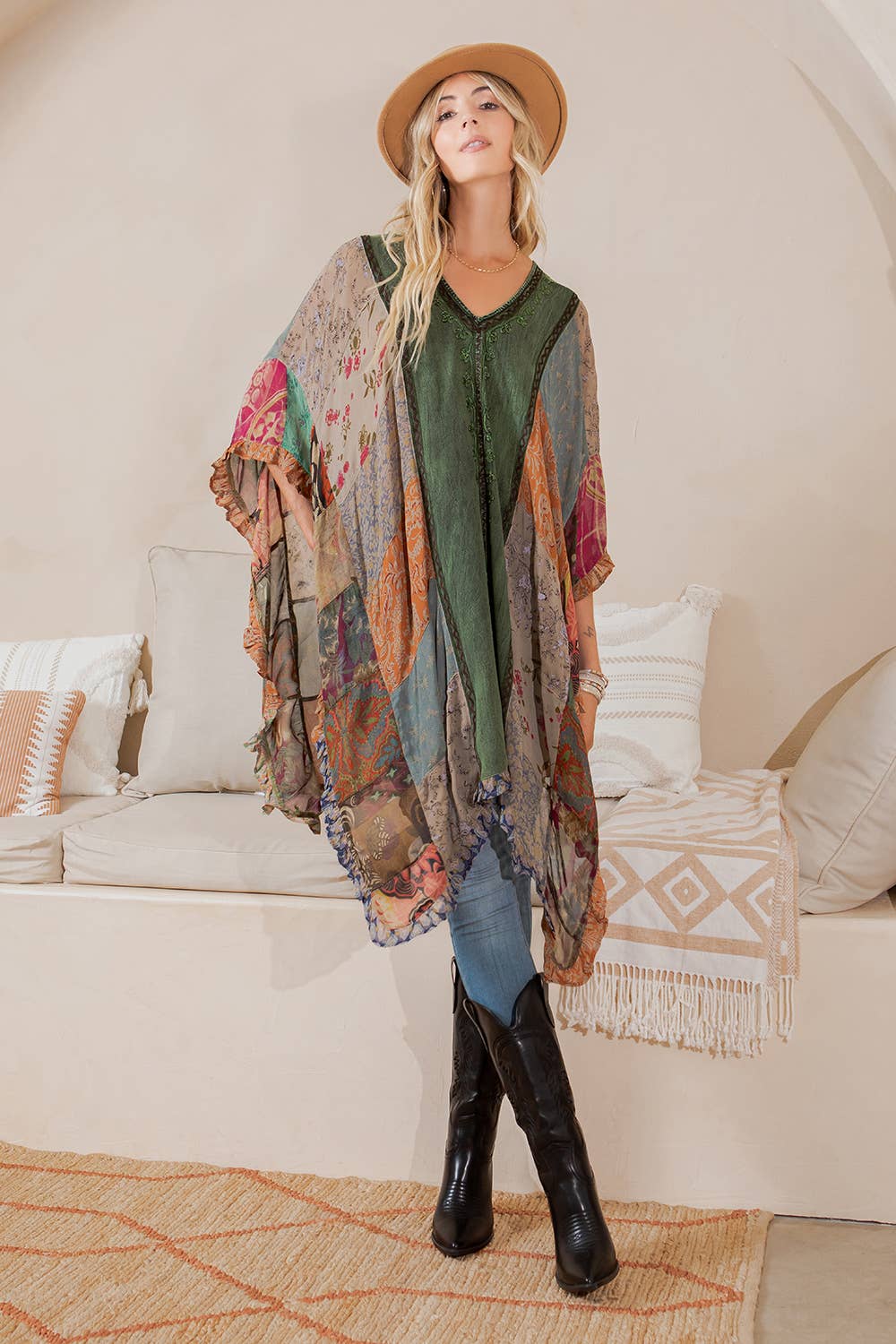 Natural Bohemian Embroidered Colorblocked Shrug