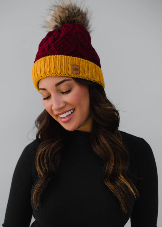 Maroon & Gold Trim Cable Knit Pom Hat