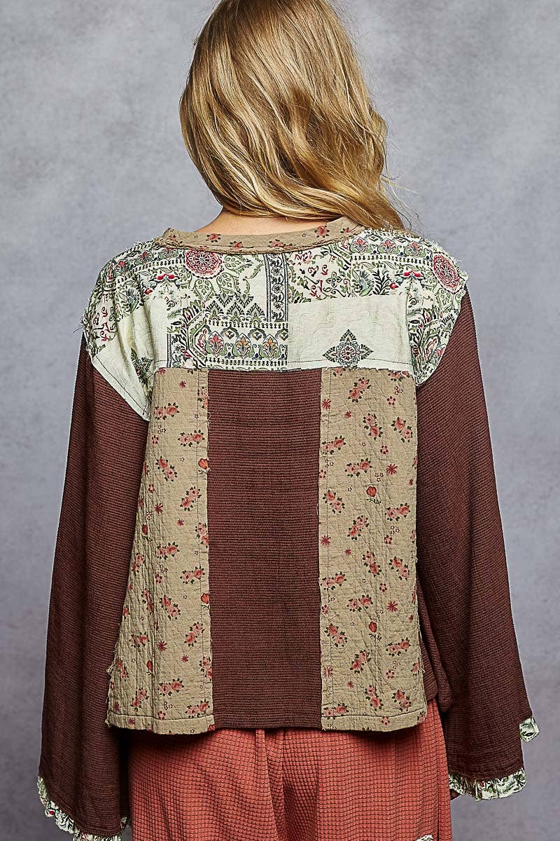 Long sleeve double gauze printed woven contrast top