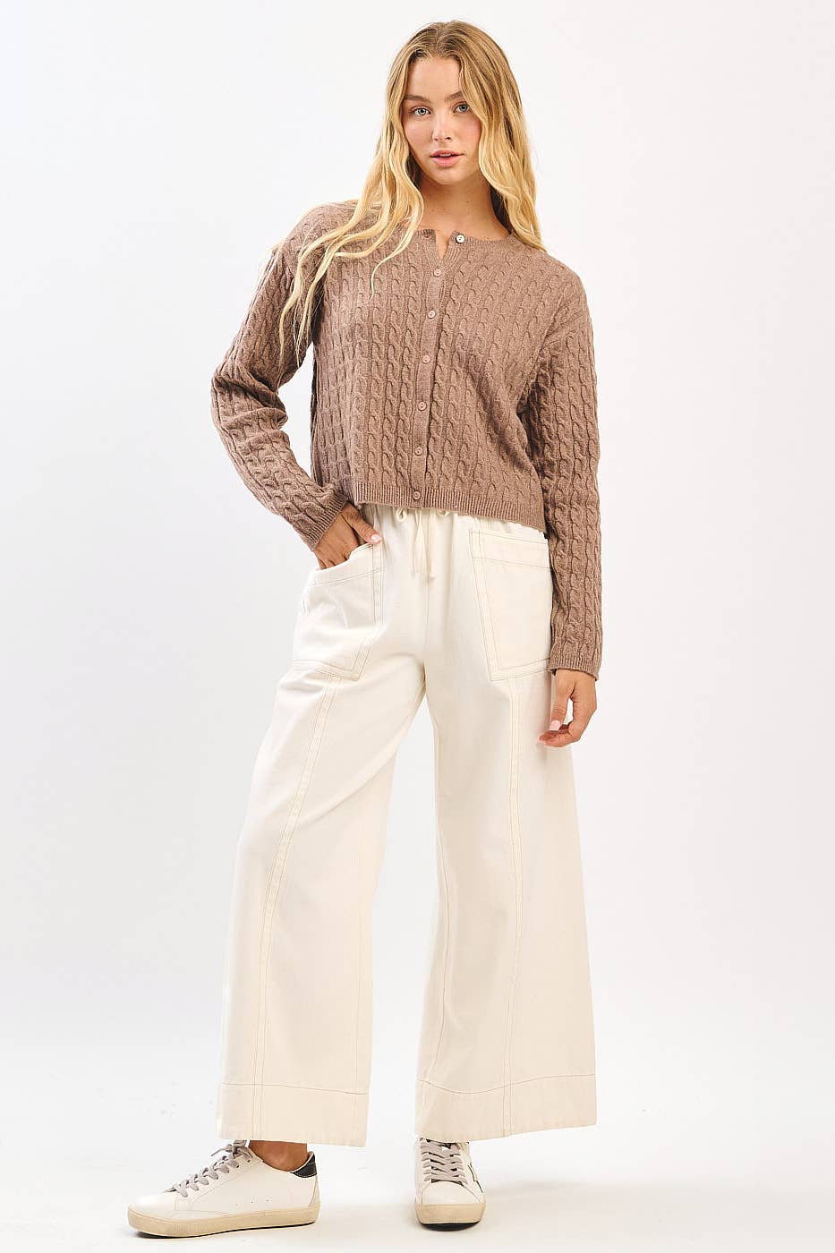 MINERAL WASH WIDE LEG ELASTIC WAIST TWILL PANTS