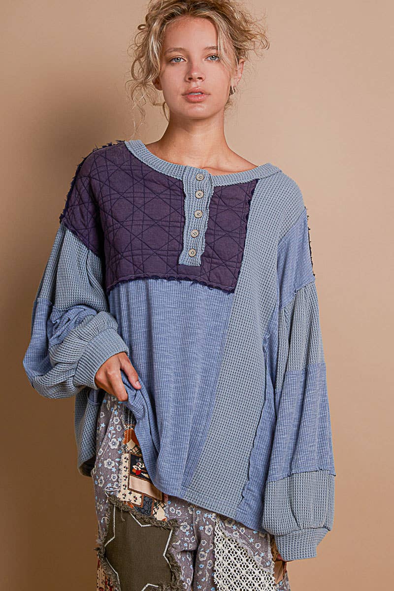 Round neck balloon sleeve thermal contrast knit top