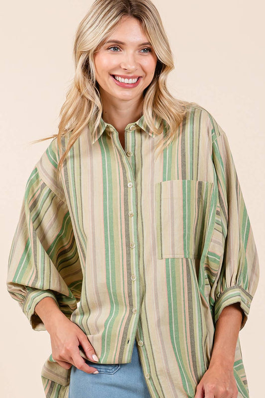 MULTICOLOR STRIPED BUBBLE SLEEVE BUTTON DOWN SHIRT