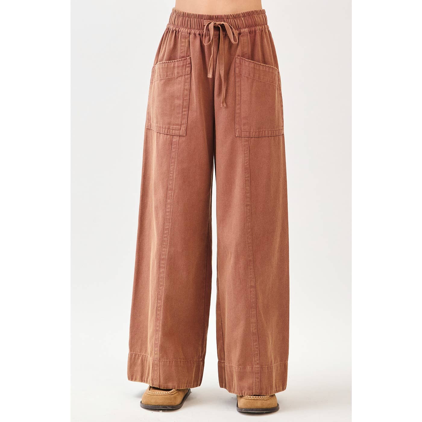 MINERAL WASH WIDE LEG ELASTIC WAIST TWILL PANTS