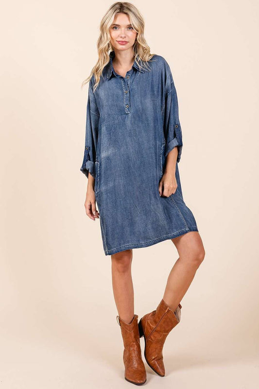 WASHED CHAMBRAY BUTTON TAB SLEEVE MINI SHIRT DRESS