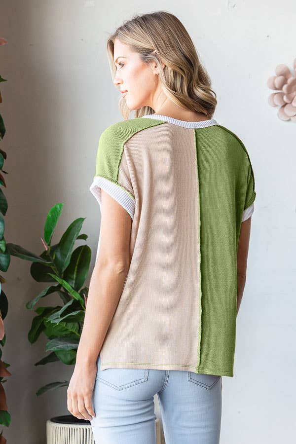 Ribbed Color Block Button Front Hi Low Short Sleeve