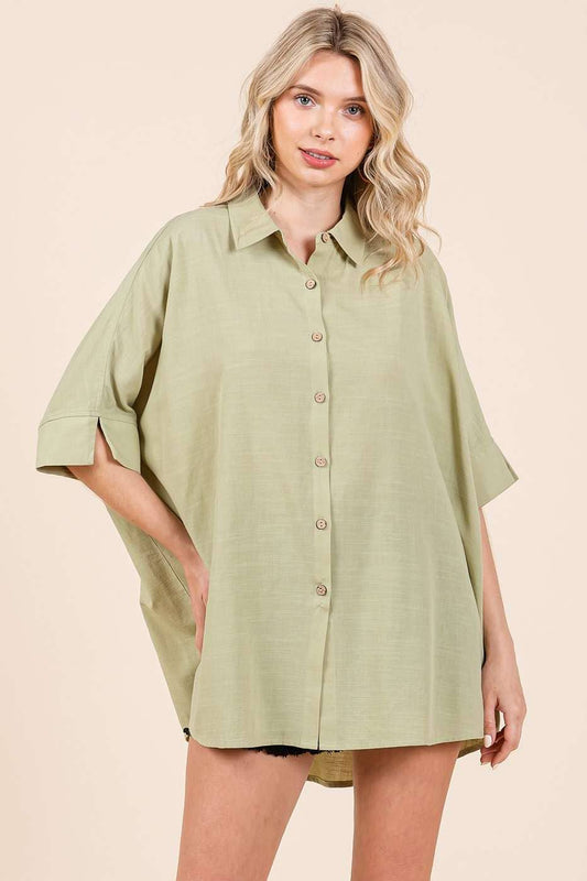 OVERSIZED BUTTON DOWN SHORT SLEEVE COLLARED SHIRT TOP