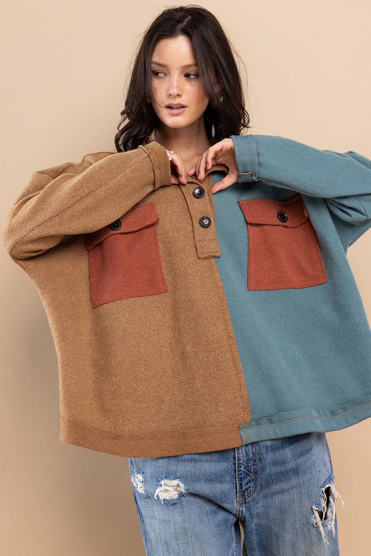 Color Block Stretch Spread Collar Neck Pullover