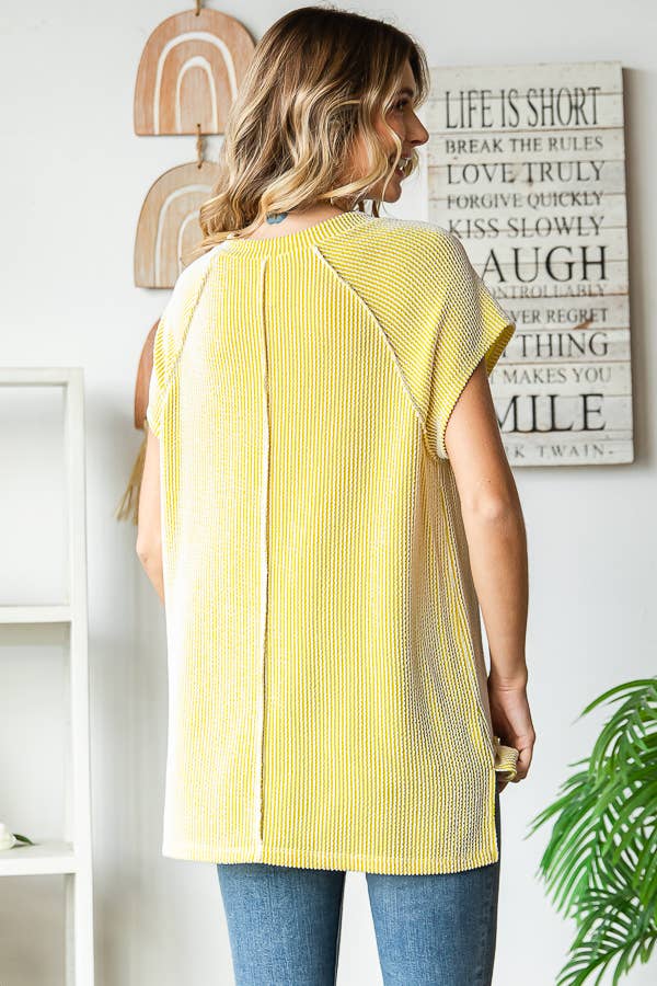 Solid Rib V Neck Side Slits Short Sleeve Top