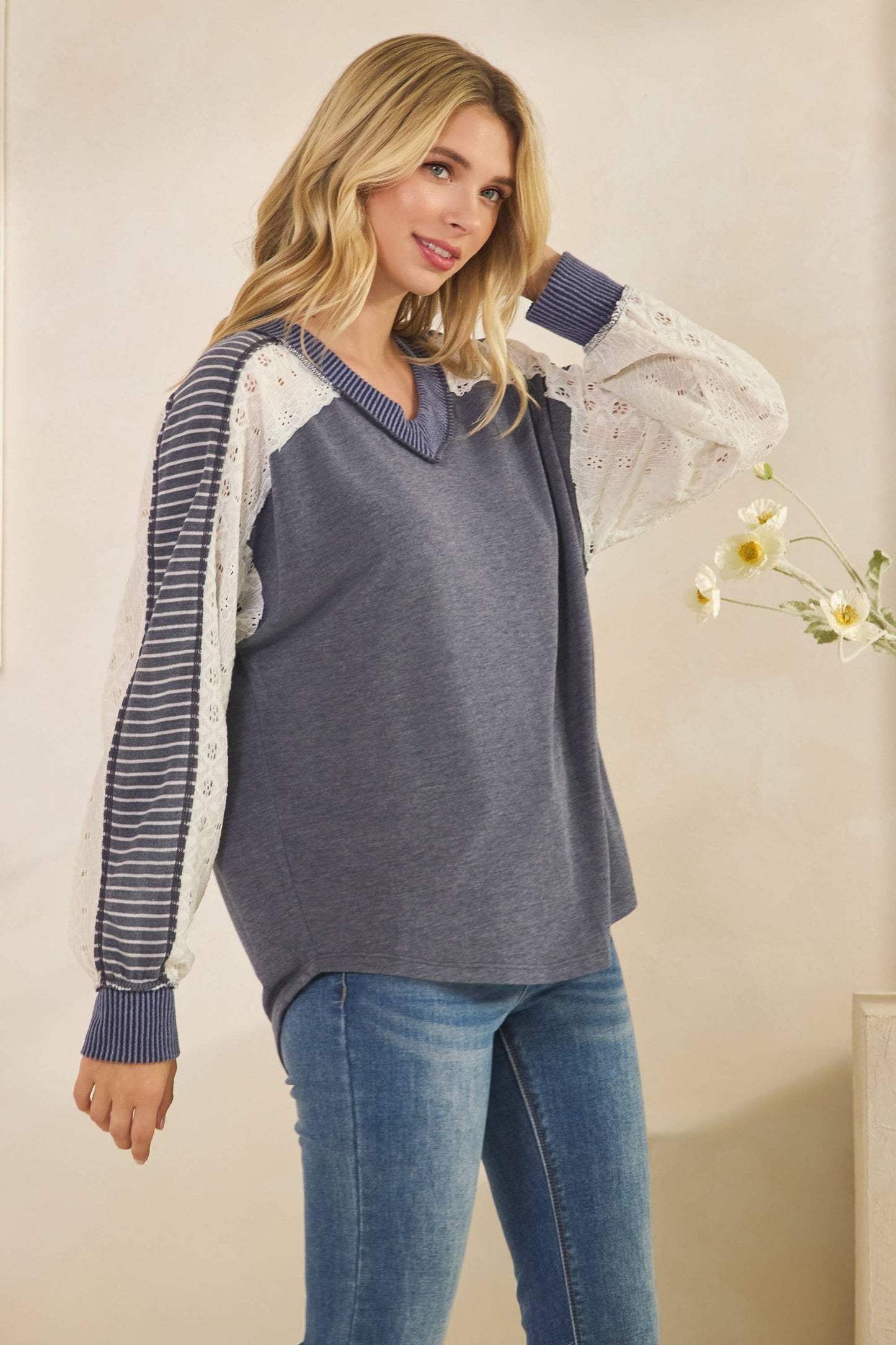 Multi Fabric Contrast V Neck Long Sleeve Top