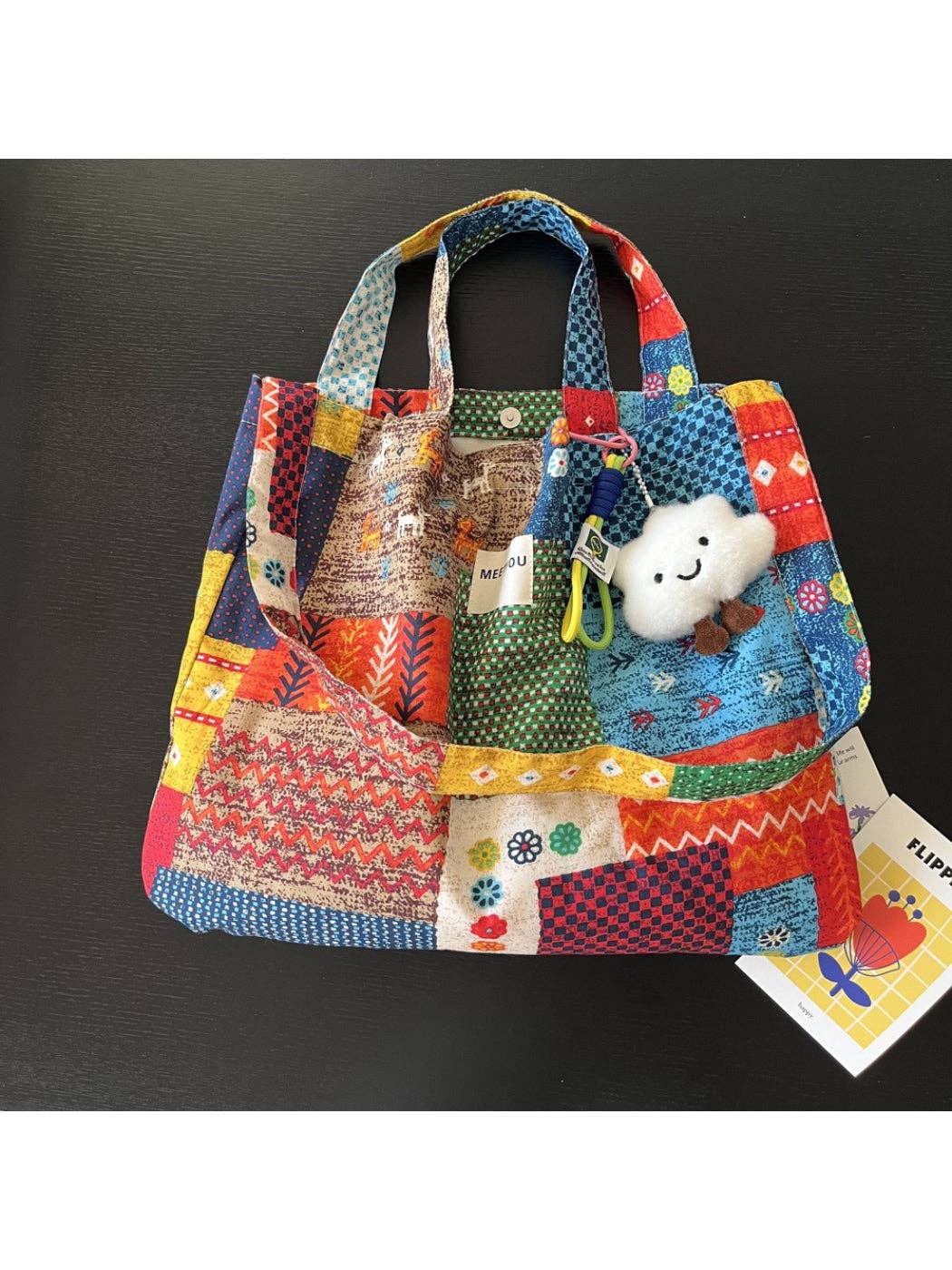 Patchwork Tote Bag With Cloud Charm