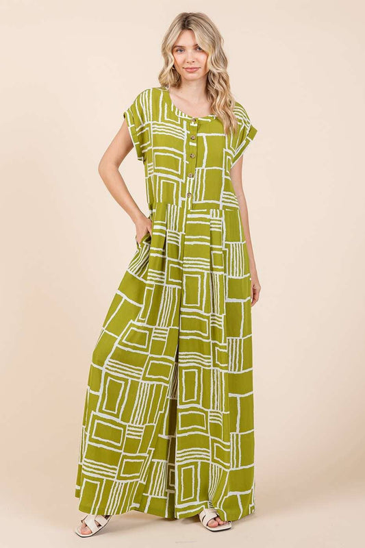 GEO PRINT PLEAT BUTTON DOWN SHORT SLEEVE JUMPSUIT