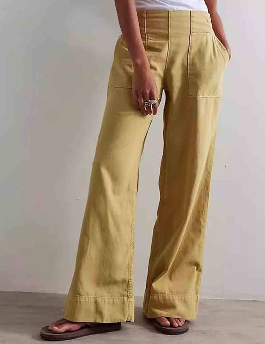 Ladies Elastic Waist Pocket Wide Leg Denim Pants