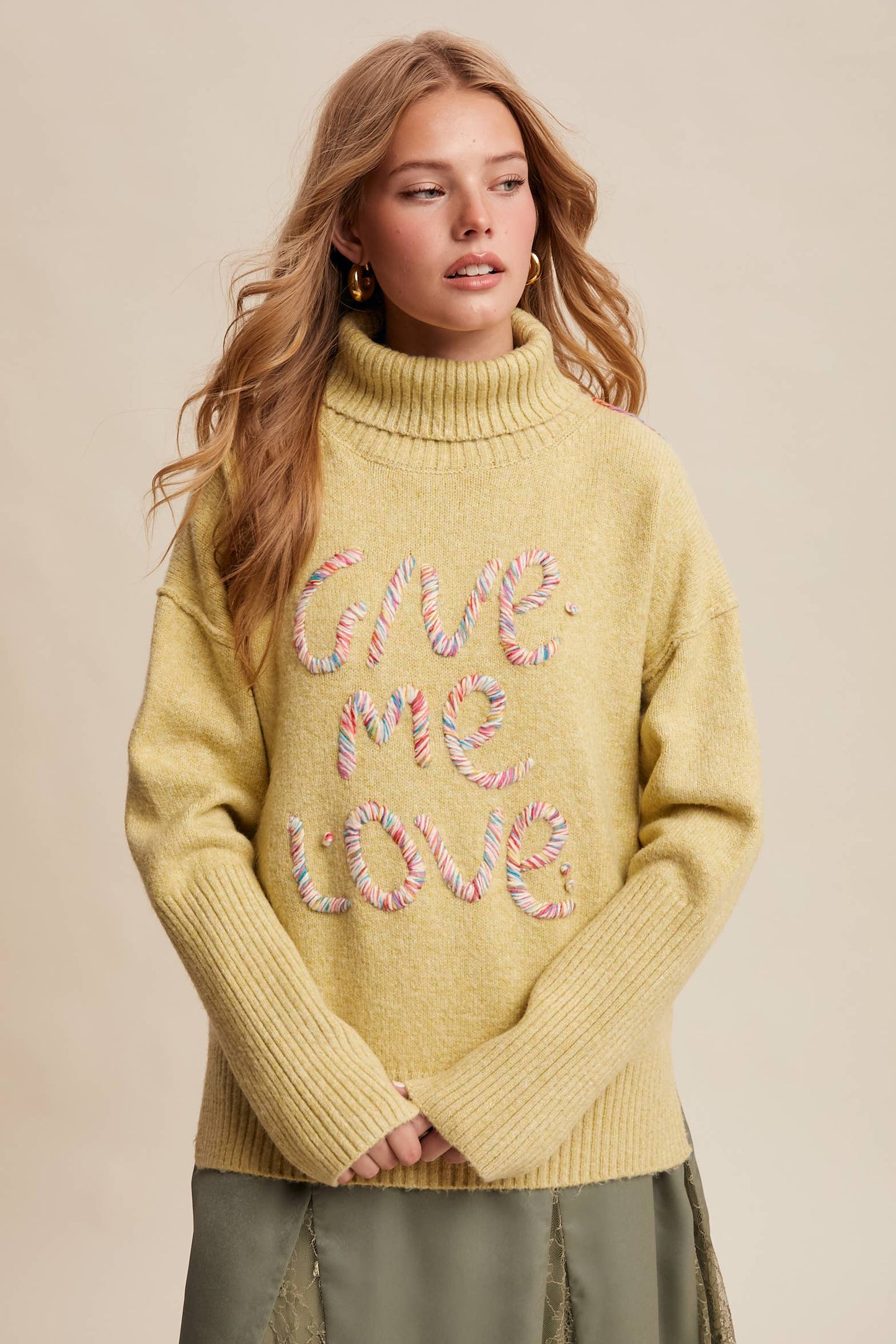 Give Me Love Embroidered Turtleneck Sweater